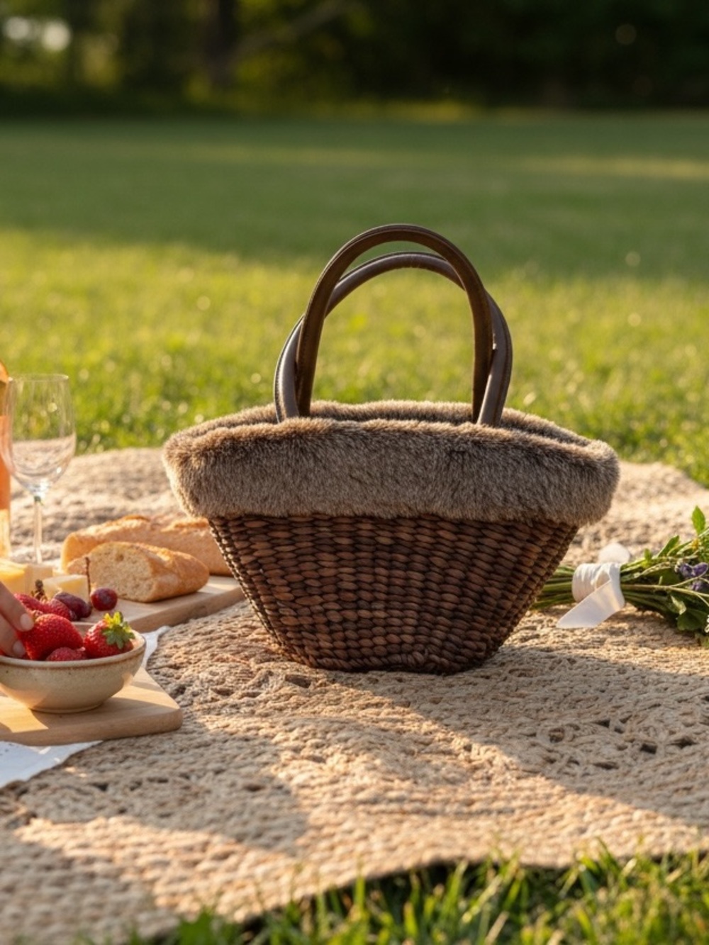 Bath and Bodyworks brown wicker and faux fur handbag